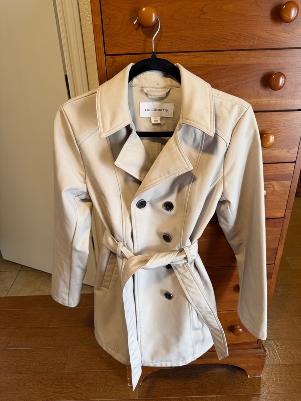 Liz Claiborne Cream Double-Breasted Trench with Waist Tie